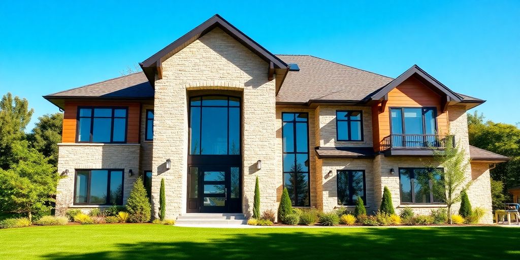 Elegant, modern custom home exterior, Milton, sunny day.