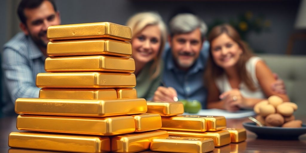 Des lingots d'or avec une famille en arrière-plan.