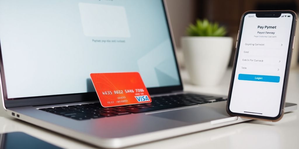 Secure online payment setup with laptop and credit card.