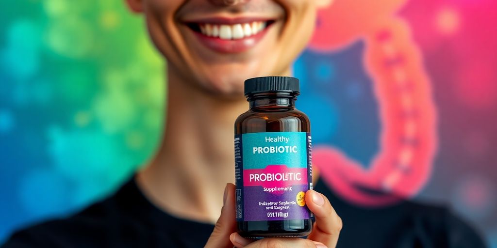 Happy person holding a bottle of probiotics near a healthy gut illustration.