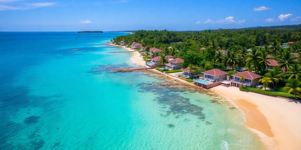 Azure waters, sandy beach, palm trees, luxury villa.