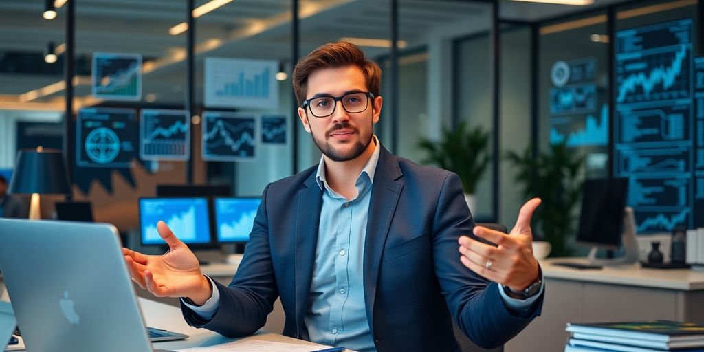 Consultant discussing blockchain technology in a modern office.