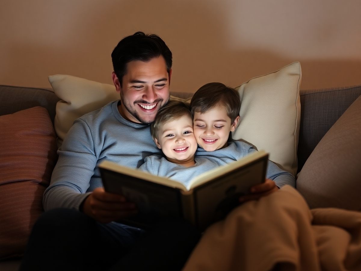 Părinte și copil citind o carte pe canapea.