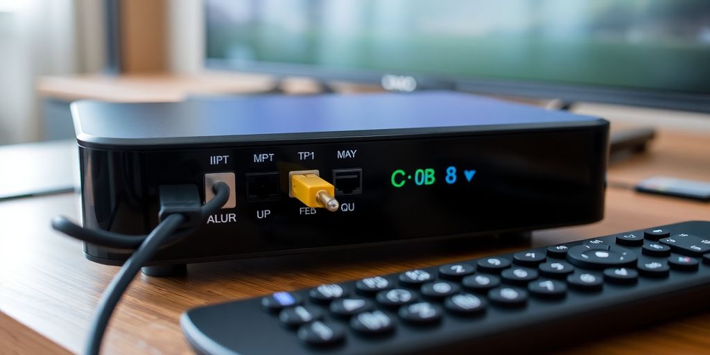 Cutie IPTV pe o masă cu cabluri conectate.