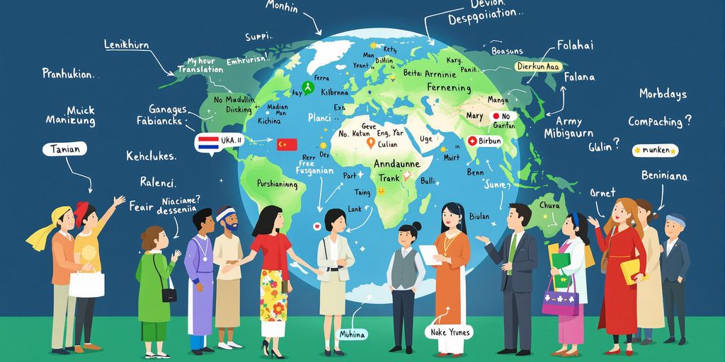 Diverse professionals communicating around a globe.