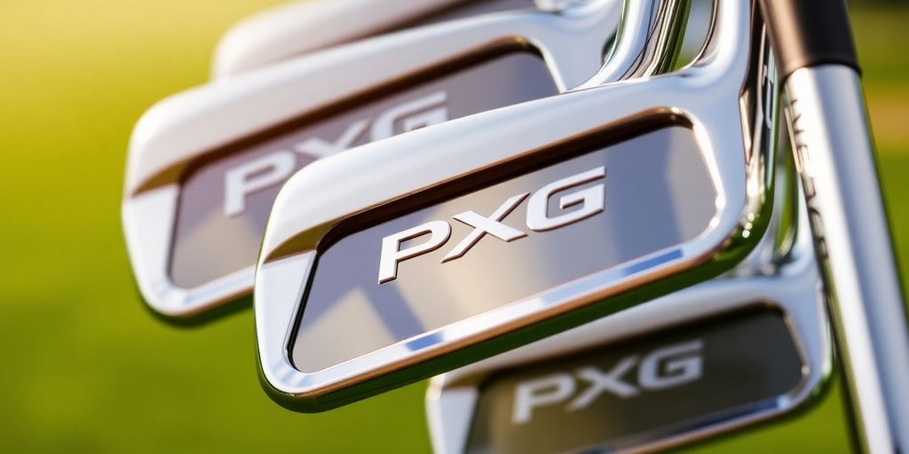 PXG golf irons arranged neatly on a green course.