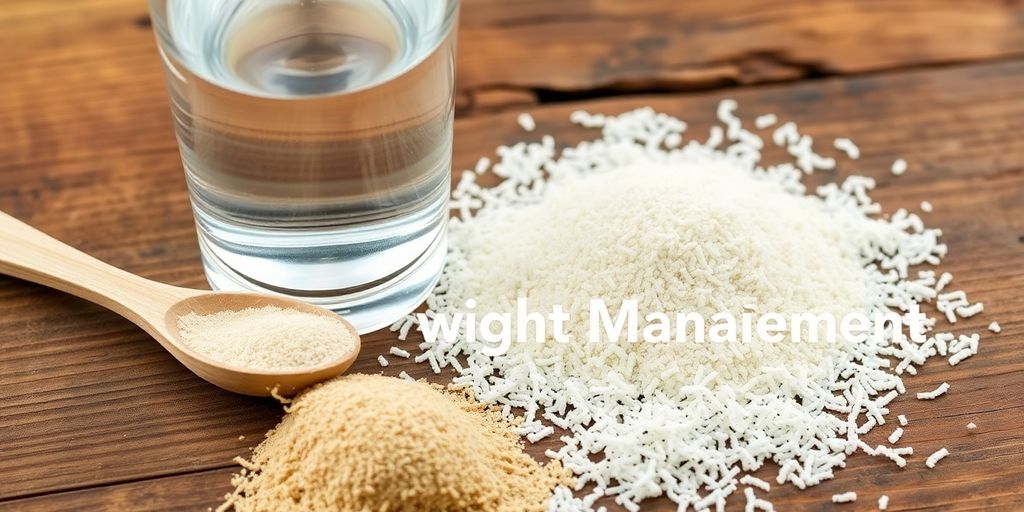 Psyllium em pó com copo de água e fibras.