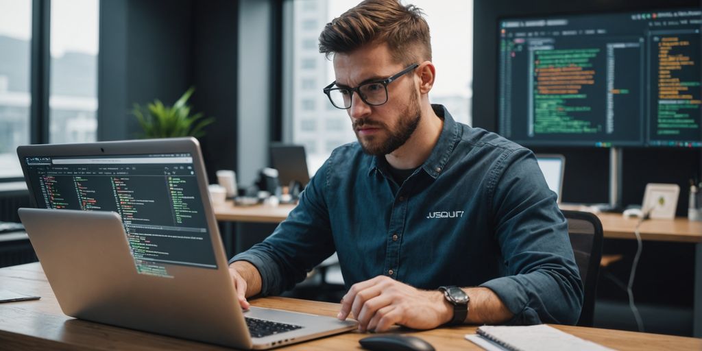 Programmer debugging JavaScript code on a laptop