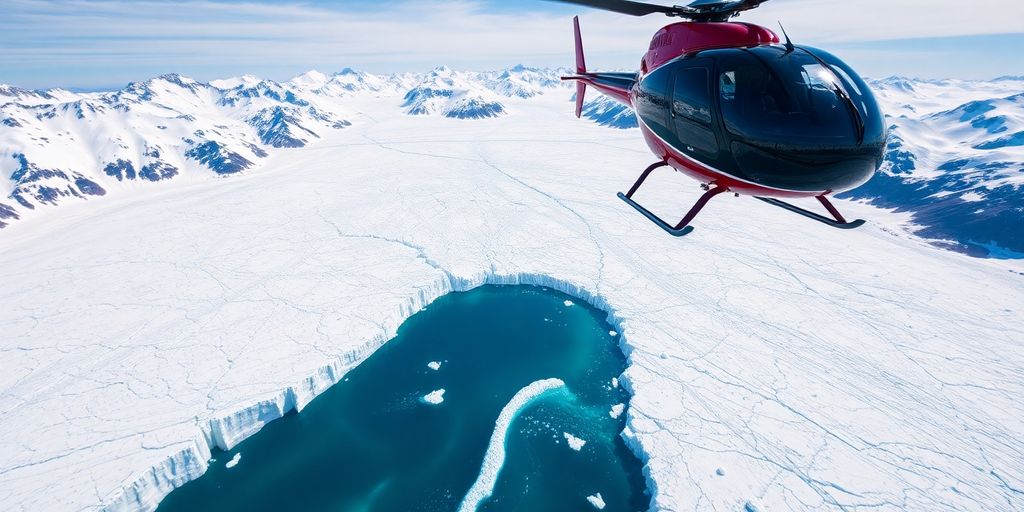 A helicopter flying over a vast Alaskan glacial valley.