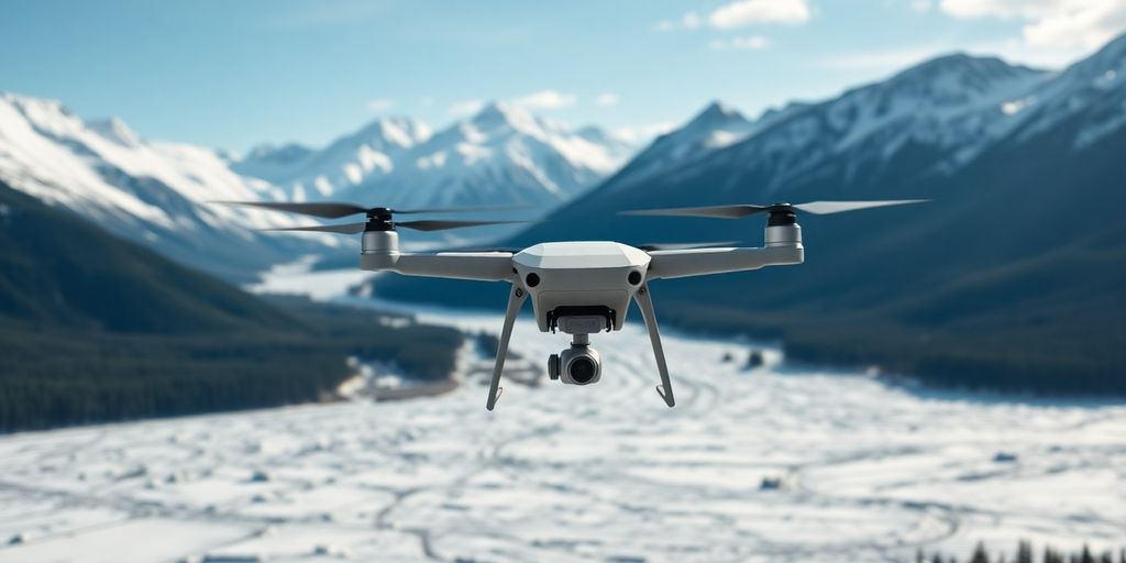 A Xag P150 drone flying over snow-capped Alaskan mountains.