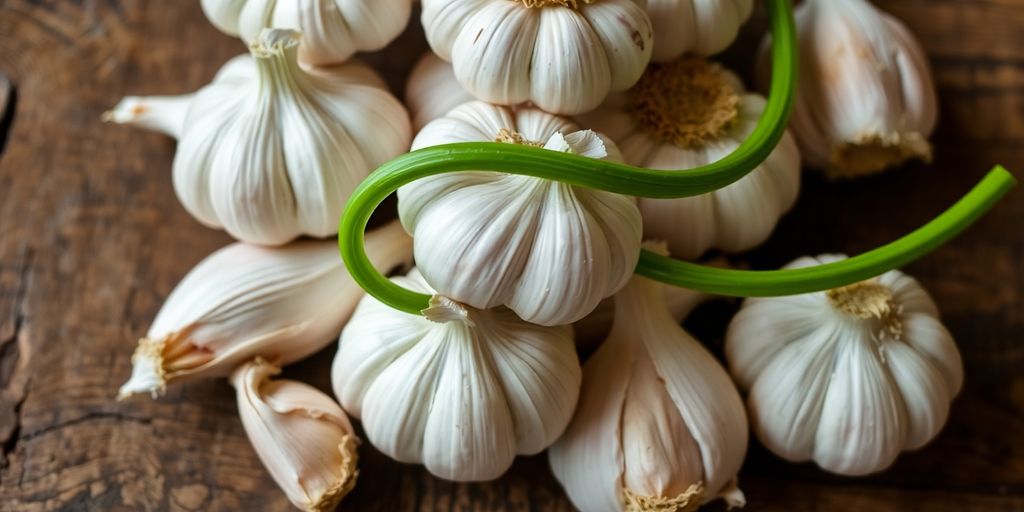Fresh garlic cloves with a vibrant green stem.