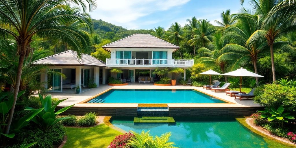 Luxurious Phuket villa with tropical gardens and pool.