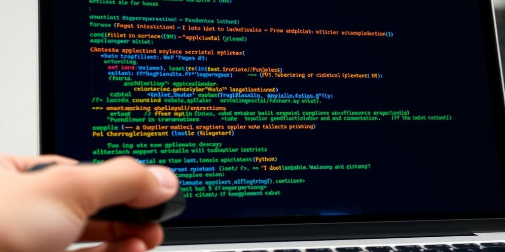 Laptop displaying Python code and a hand with a controller.