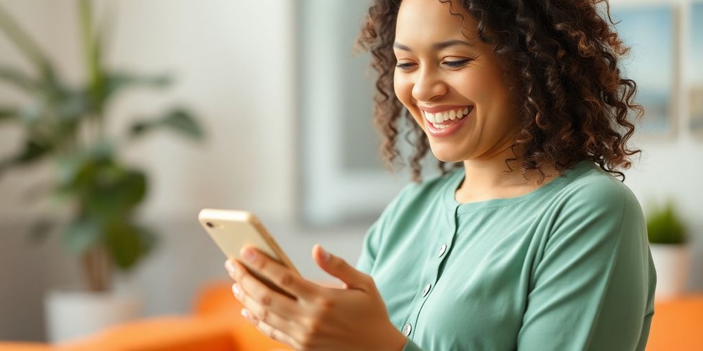 Woman smiling, looking at a phone with inspirational quotes.
