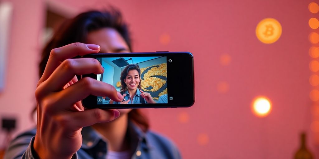 Criador de conteúdo com celular gravando vídeo