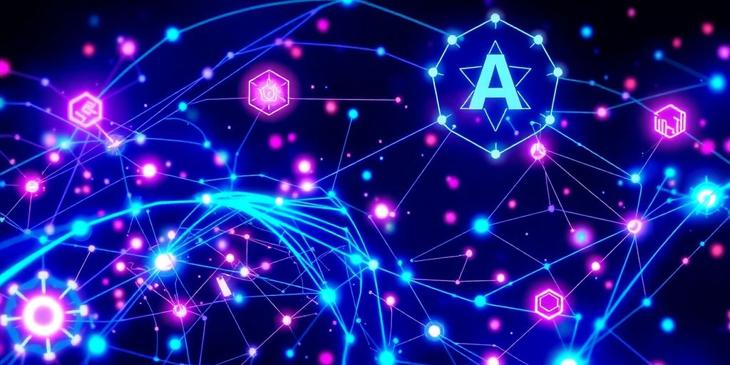 Futuristic AI and blockchain technology fusion in a digital collage.