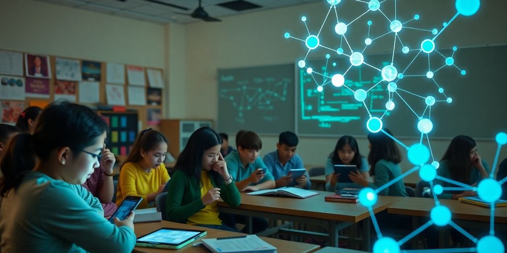 Students collaborating in a modern classroom with blockchain elements.
