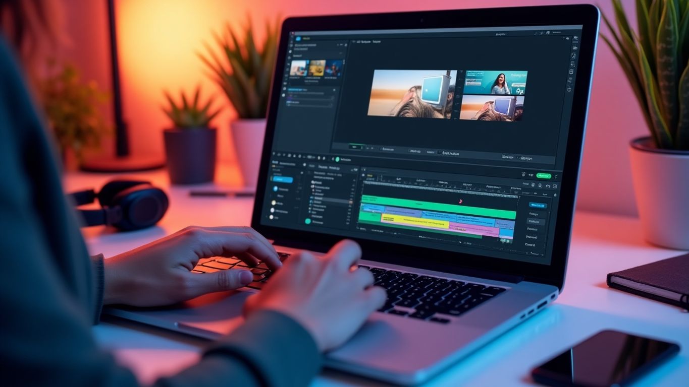 Person editing video on laptop with vibrant workspace.