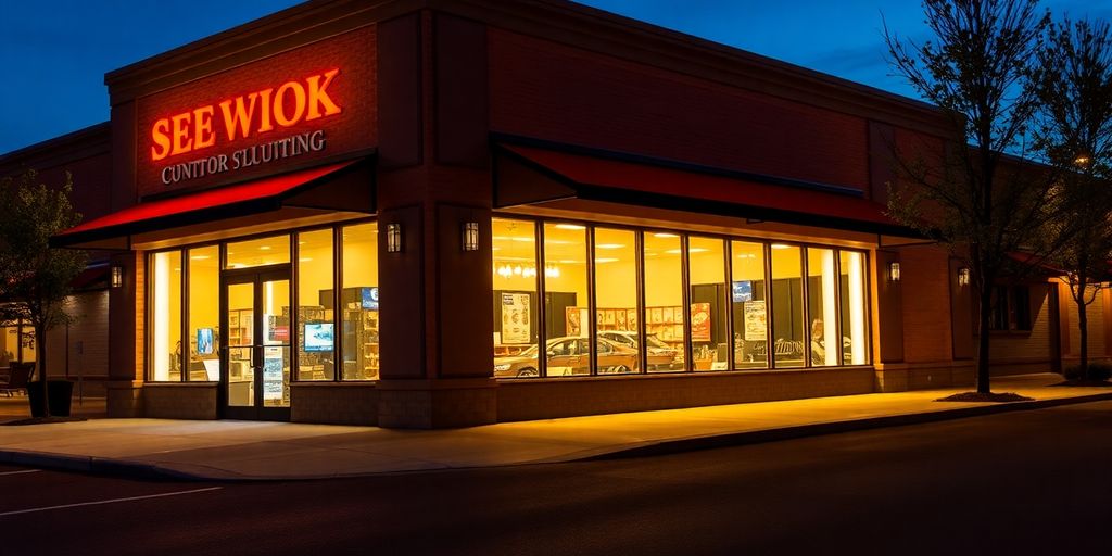 Illuminated storefront at dusk, vibrant glow.