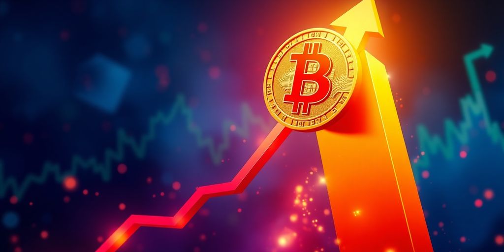 Bitcoin price surge with upward arrow.