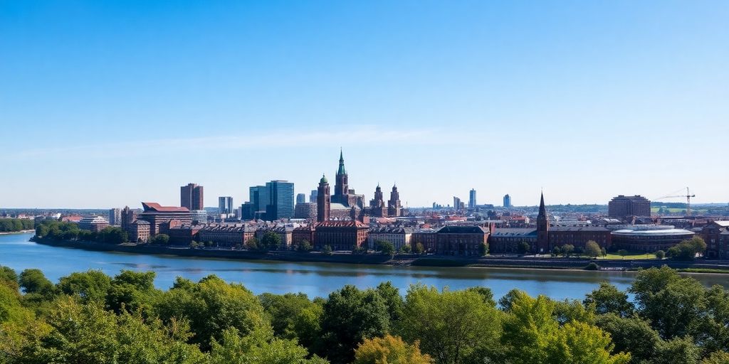 Nottingham cityscape skyline with a river.
