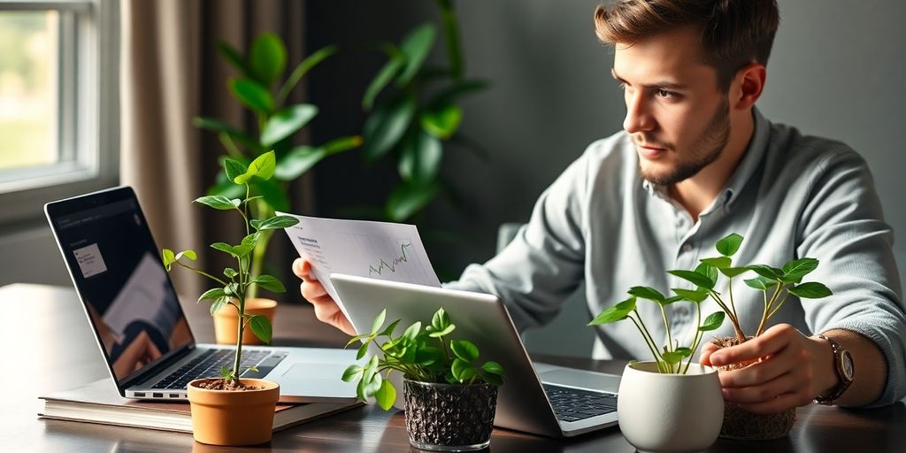 Person bei der Geldanlage mit Laptop und Pflanzen.