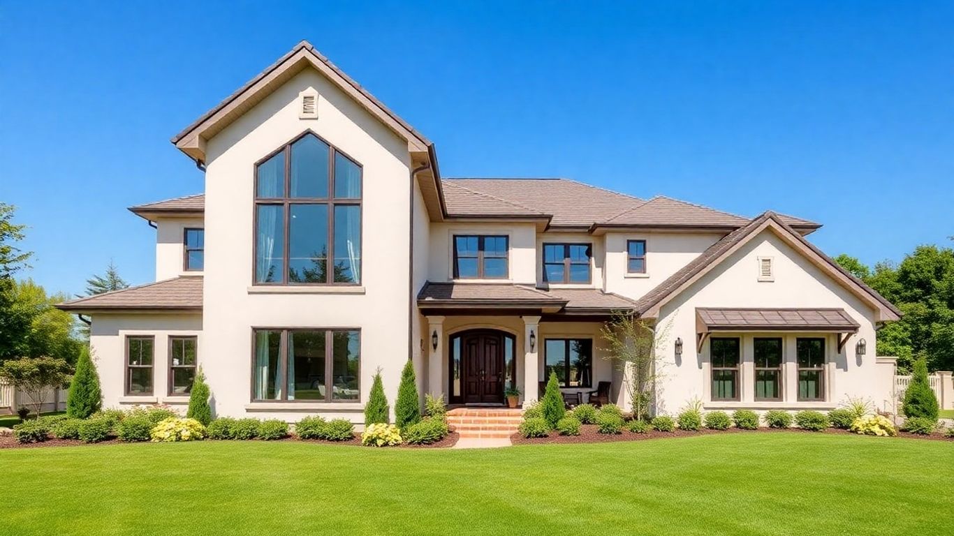 Elegant custom home exterior with large windows and landscaping.