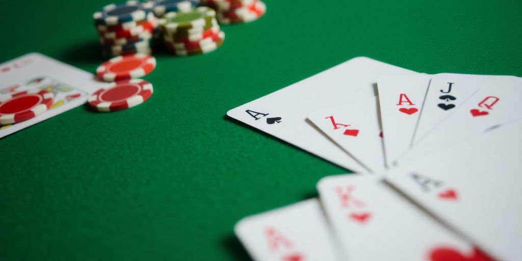 Blackjack cards and chips on a table.