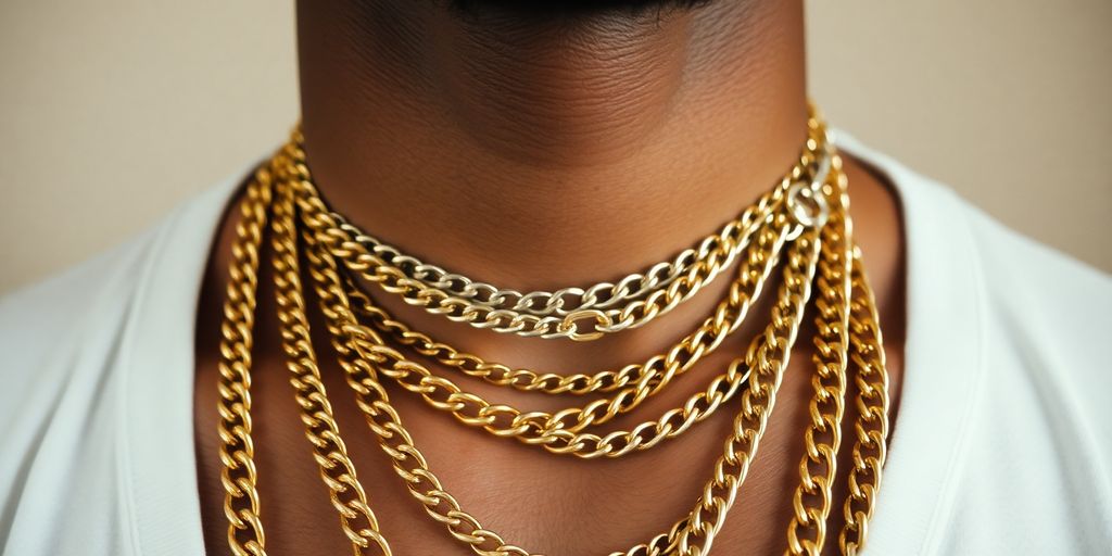 Man's neck with various stylish chains