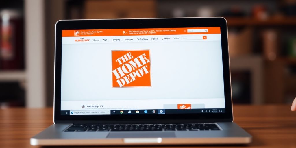 Home Depot logo and website on a laptop screen.