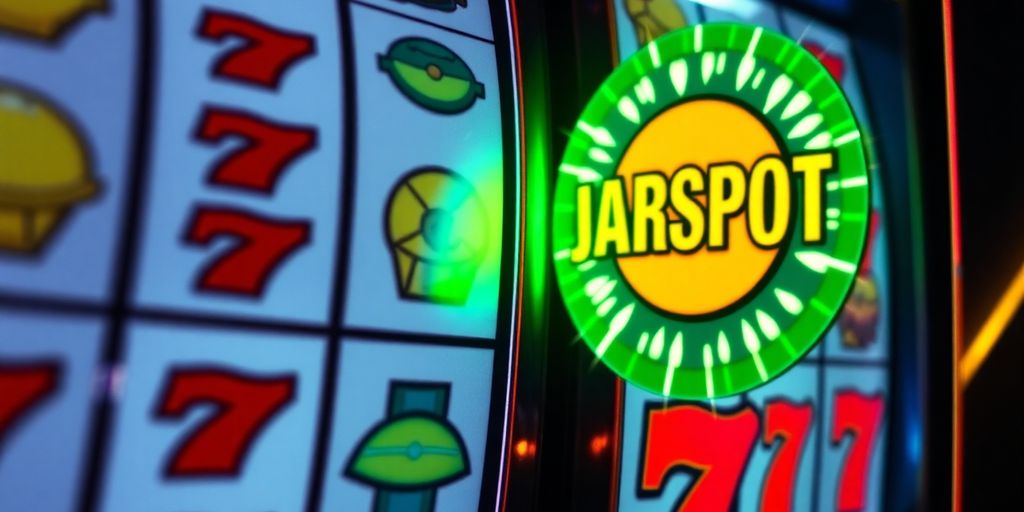 Vibrant slot machine reels with a large, glowing jackpot.