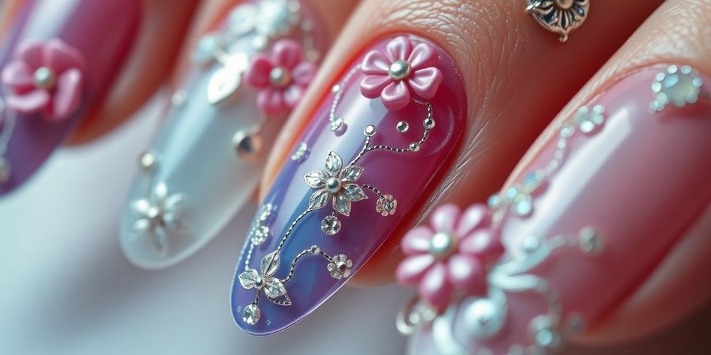 Unhas postiças decoradas com flores e brilhos.