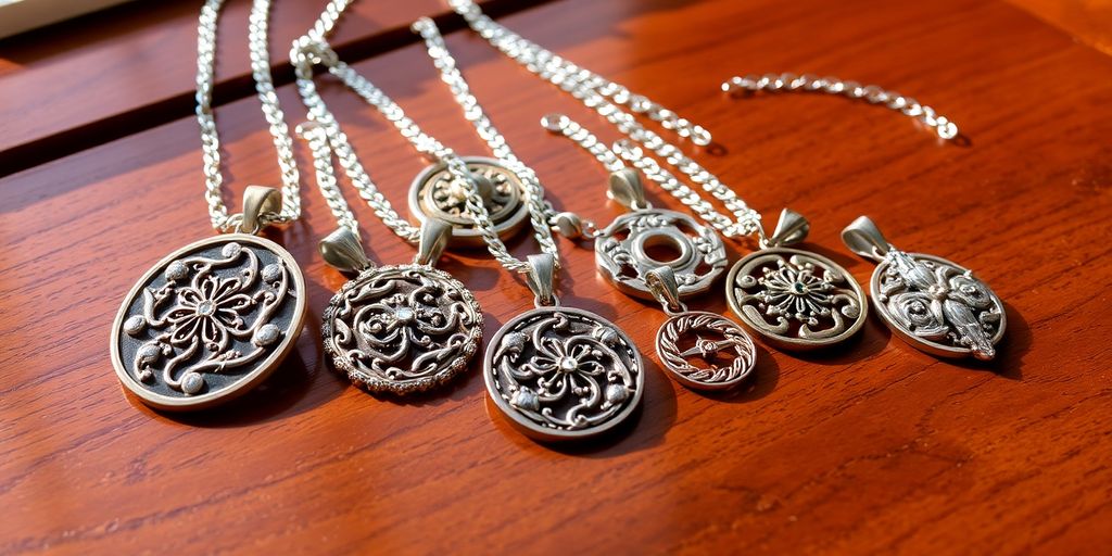 Mixed-metal pendants on a silver chain.