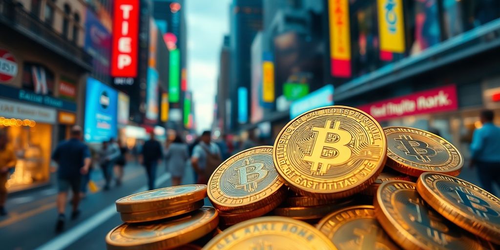Dynamic cryptocurrency coins with a bustling city backdrop.