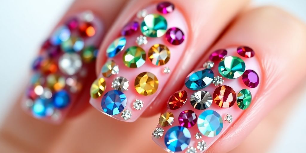 Unhas decoradas com pedrarias coloridas e brilhantes.