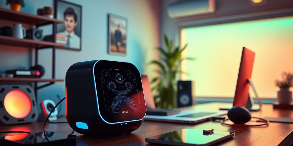 Modern AI personal assistant in a vibrant home office.