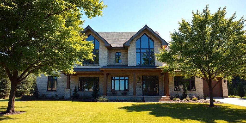 Modern custom home with large windows and manicured lawn.