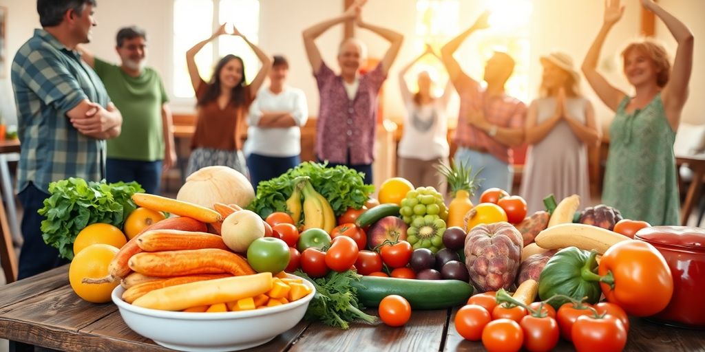 Nutritious food, smiling people, healthy lifestyle.