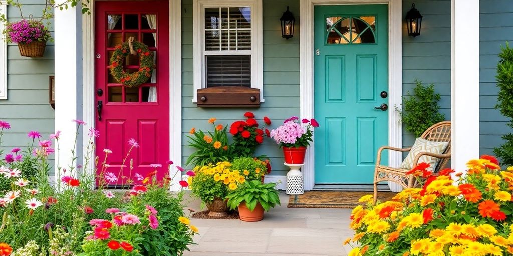 Colorful garden with bright flowers and painted door.