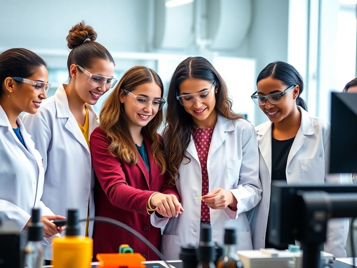 Diverse women working together in a modern STEM lab.