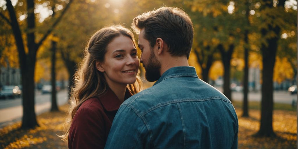 Polyamorous couple smiling and hugging closely.