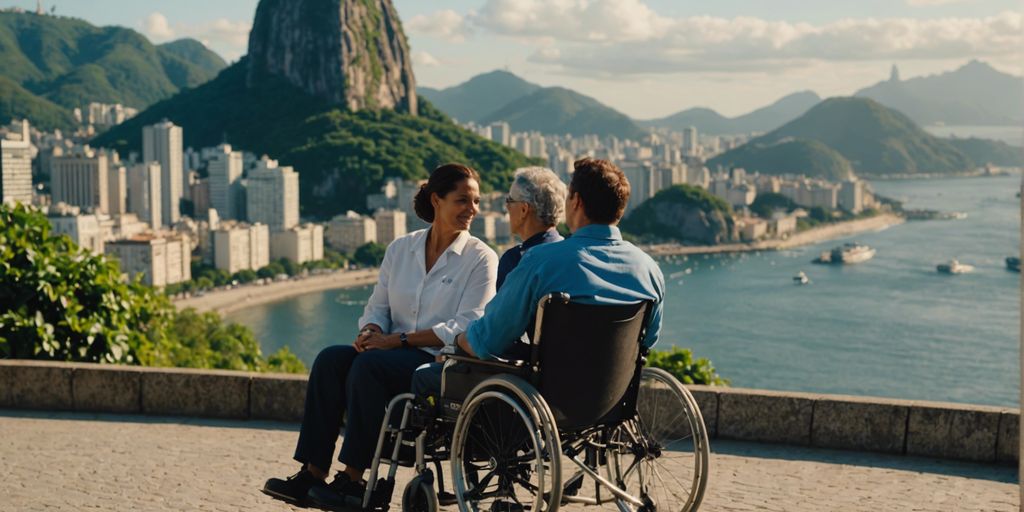 Person in wheelchair assisted by caregiver, Rio de Janeiro landmarks in background, rental service concept.