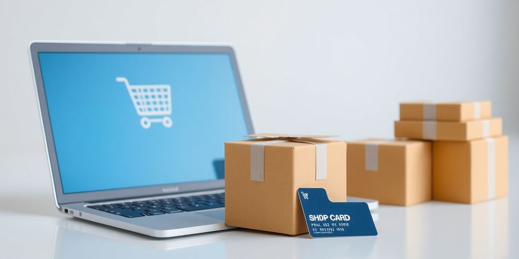 Laptop, cajas de envío y tarjeta de crédito.