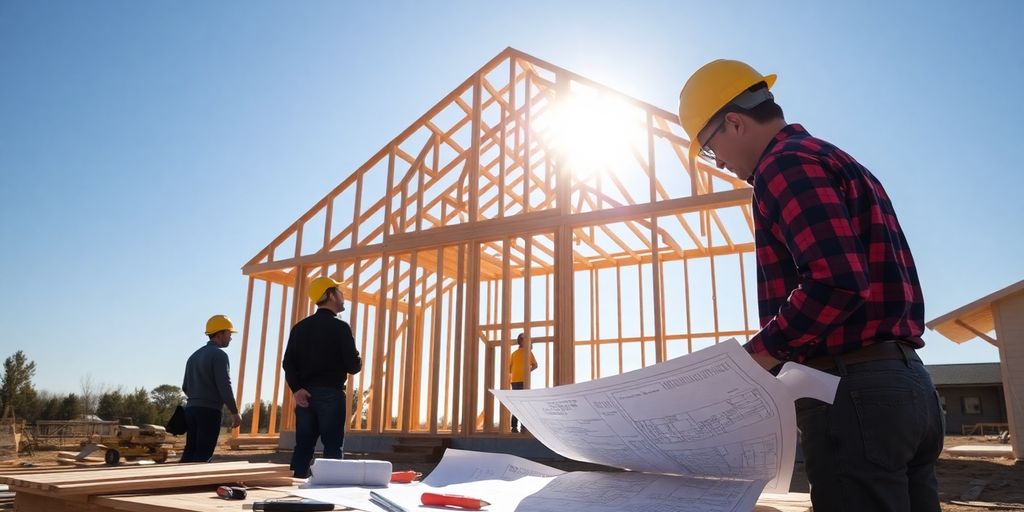 Construction site with blueprints and hard hats.
