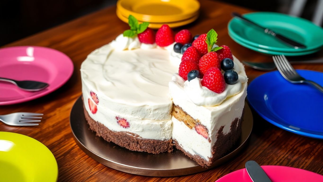 Torta de sorvete com frutas frescas e folhas de hortelã