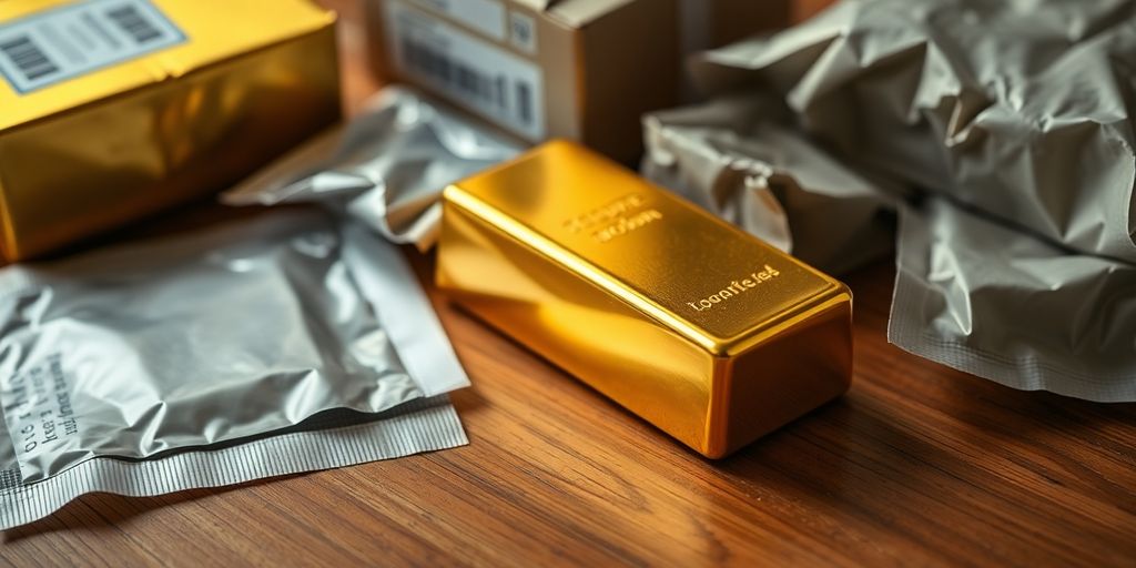 Lingot d'or sur une table en bois.