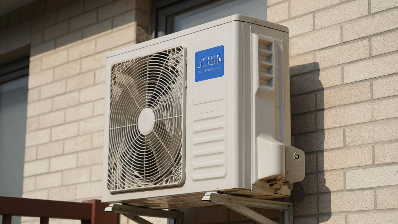 Monobloc air conditioner outdoors on a brick wall.