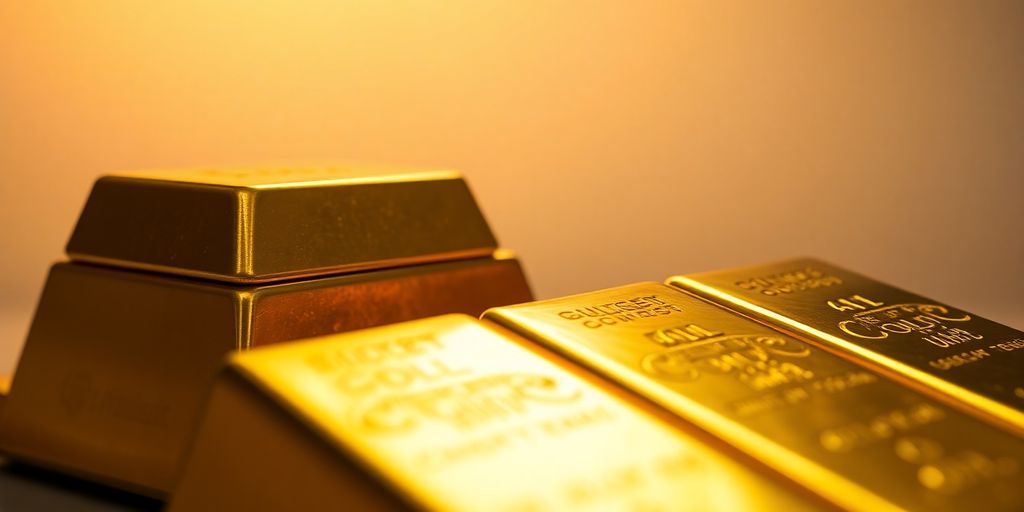 Lingots d'or brillants empilés, carte Europe floue
