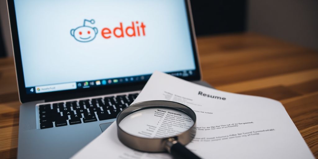Laptop, Reddit logo, resume, and a magnifying glass.
