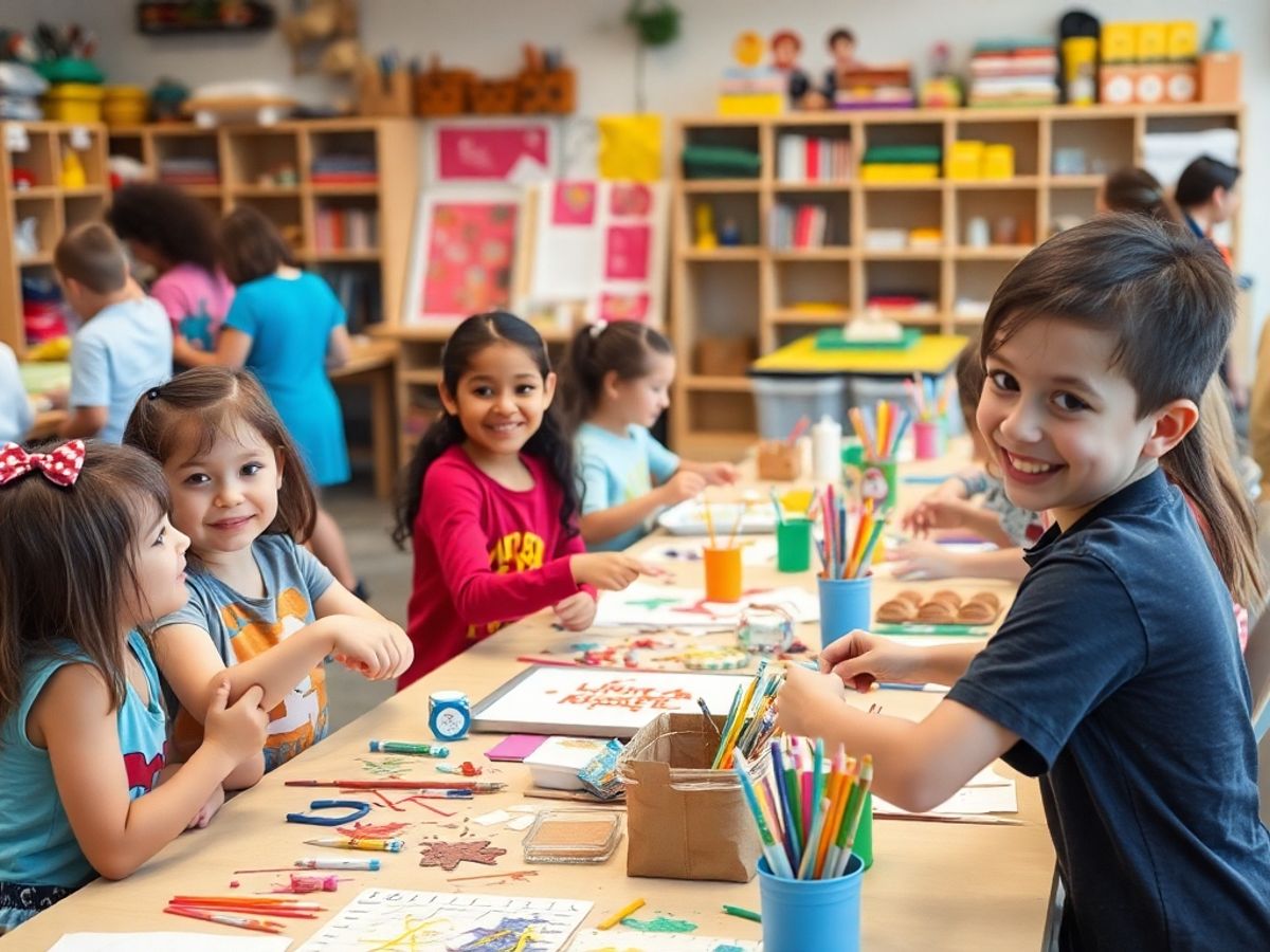 Atelier creativ pentru copii cu materiale colorate.